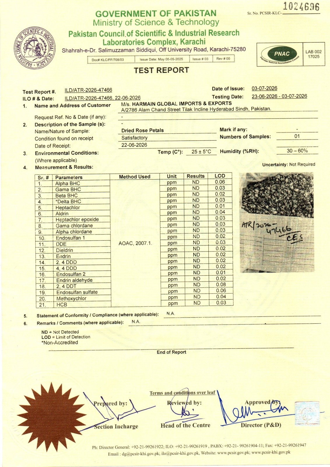 Dry Red Rose Petals Lab test Report