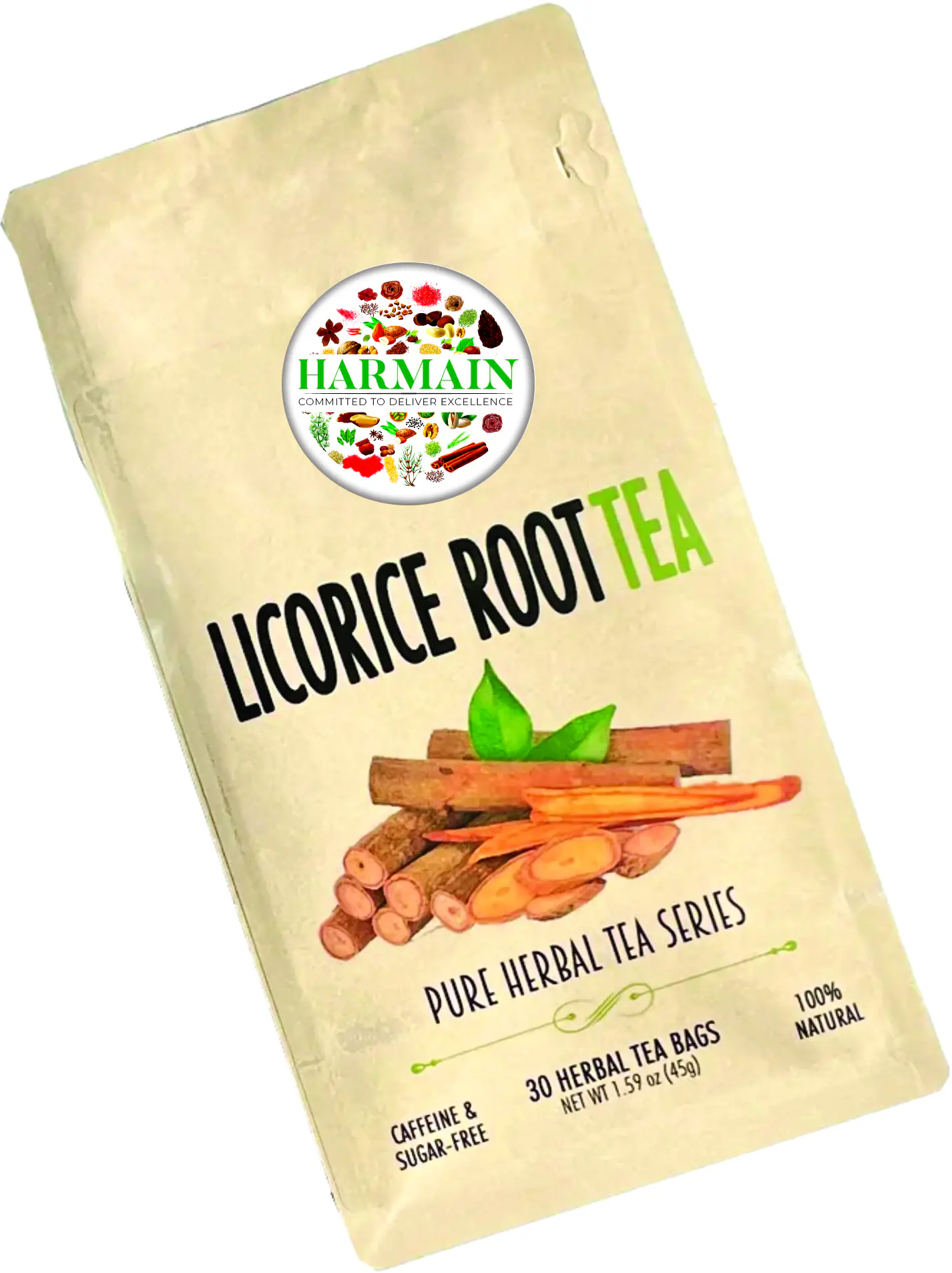 Premium export-grade Licorice Green Tea in bulk packaging and tea leaves