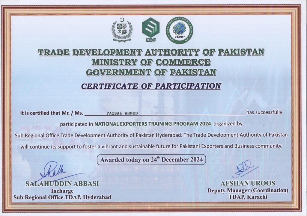 National Exporters Training Program 2024 certificate - Harmain Global