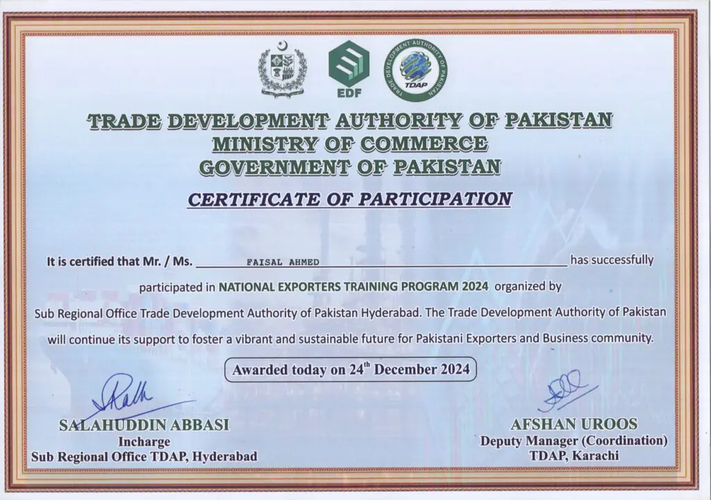 National Exporters Training Program 2024 certificate - Harmain Global