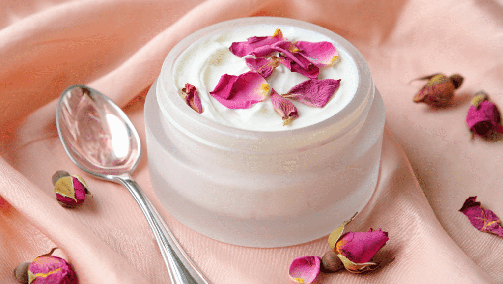 luxury skincare product arranged in a flat-lay composition features a cylindrical frosted glass jar filled with white cream and decorated with fresh pink rose petals floating on top