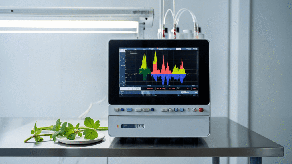 Laboratory HPLC machine displaying alkaloid test results of Ephedra batch beside stem samples.
