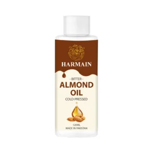 Premium Bitter Almonds Oil from Pakistan in glass bottle showing pure essential oil quality from Harmain Global exporter
