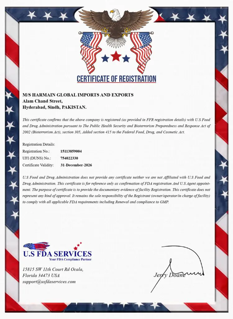 US FDA certificate - Harmain Global
