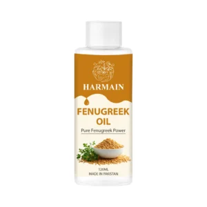 Premium Fenugreek Oil from Pakistan in glass bottle showing pure essential oil quality from Harmain Global exporter