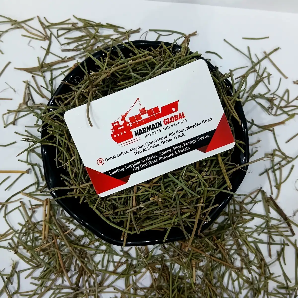 Premium Ephedra herb in a bowl, studio aesthetic product shot for bulk herbal export