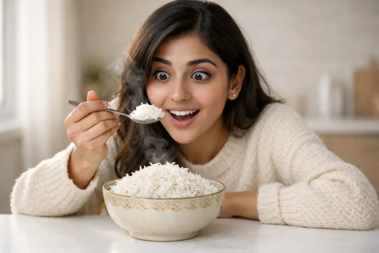 Young Pakistani woman Zara sitting at kitchen table looking amazed while holding spoonful of fluffy white basmati rice, steaming bowl of perfectly separated long-grain rice in front of her, natural light, warm cream sweater