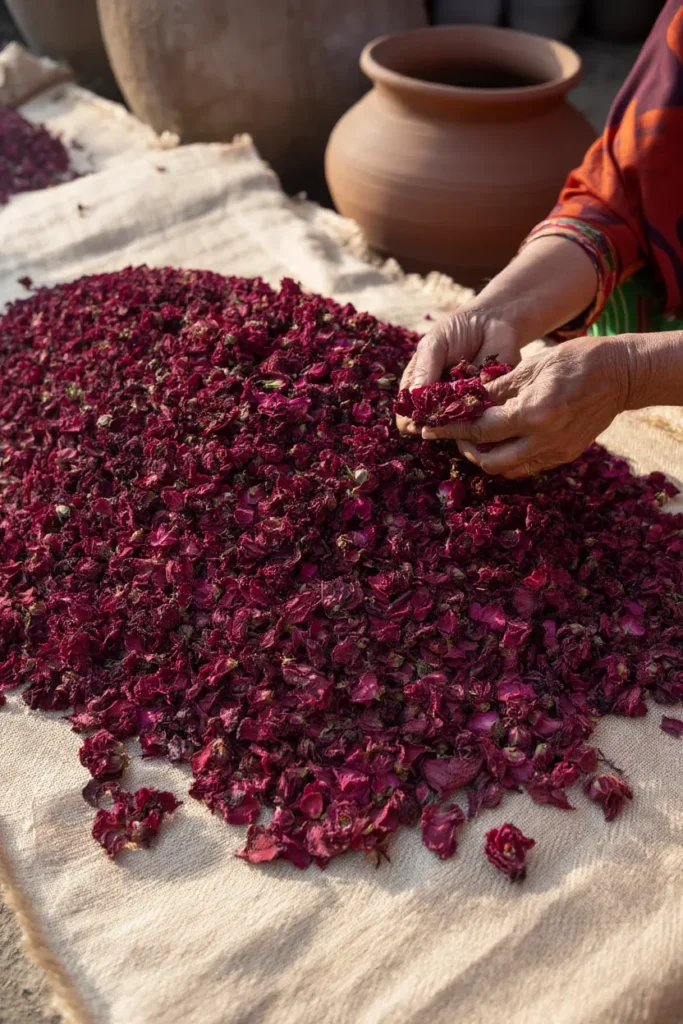 Close-up of dark crimson dry red roses laid out on a clean jute cloth in a Pakistani courtyard under bright natural light. The petals have a deep wine-red color, dried to perfection with no browning. An elderly Pakistani woman’s hands are visible in the corner, inspecting the petals. Rustic clay pots in the background, authentic South Asian setting.
