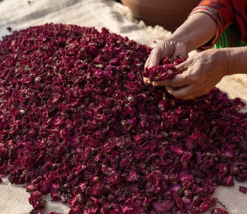 Close-up of dark crimson dry red roses laid out on a clean jute cloth in a Pakistani courtyard under bright natural light. The petals have a deep wine-red color, dried to perfection with no browning. An elderly Pakistani woman’s hands are visible in the corner, inspecting the petals. Rustic clay pots in the background, authentic South Asian setting.