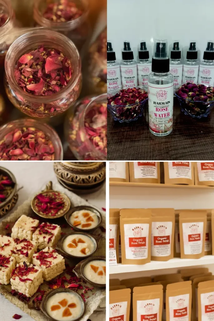 A composite ﬂat-lay image showing four end-use scenarios for rose petals. Top left: small glass jars of herbal tea blend with rose petals visible. Top right: cosmetic bottles of rose water toner on a marble surface. Bottom left: a confectionery spread with rose petal garnished desserts in South Asian style. Bottom right: a brown kraft paper sachet labeled “Organic Rose Petals” on a clean retail shelf. Pakistani artisan vibes throughout, natural light.